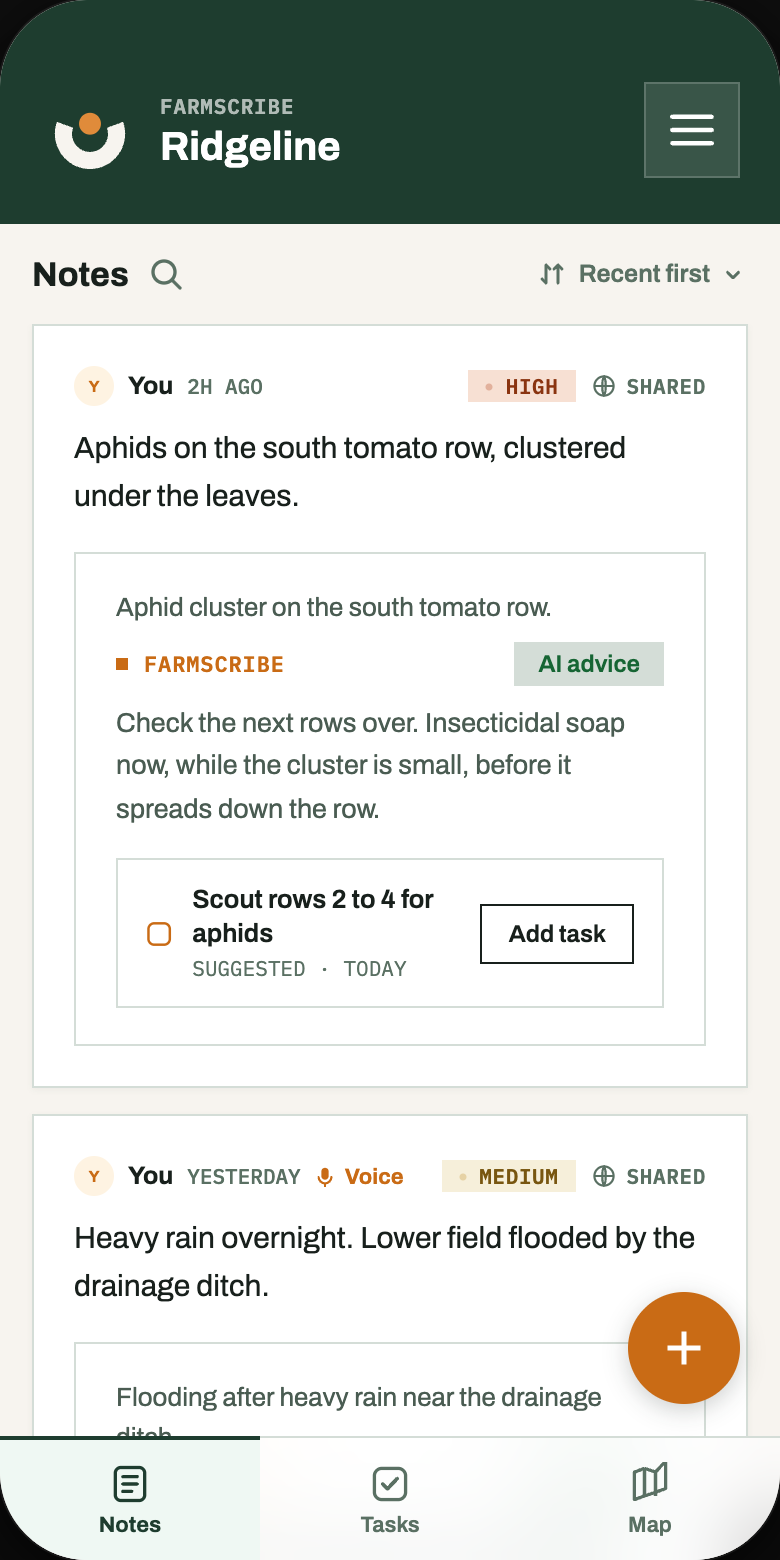The FarmScribe notes feed: an aphid observation with the advice and suggested task returned beneath it.